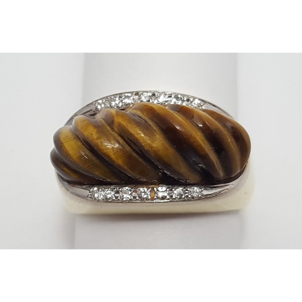 Vintage Unique 14k Karat Solid Yellow Gold Tigers Eye  Diamond Ring  Size 550